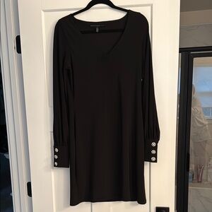 White House Black Market Black Sheath Dress with V-Neck and Long Bishop Sleeves